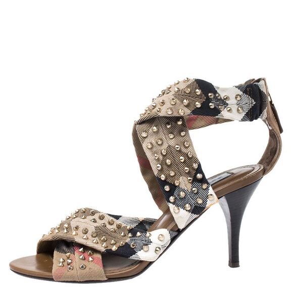 Burberry Beige Nova Check Criss Cross Canvas Spike Studded Open Toe Sandals - Picture 2 of 4